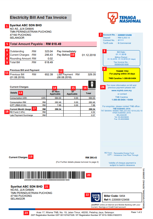 TNB Online Bill Layout Page 1